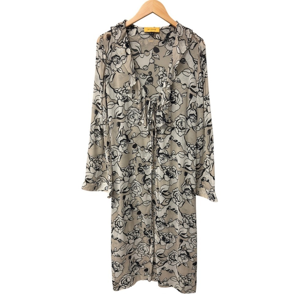 ST JOHN 100% Silk Floral Print Sheer Duster Kimono Robe Cream Black Cover Up